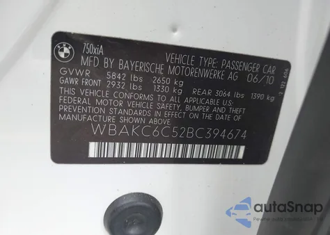 2011 BMW 750I xDrive z USA, uszkodzony, nr VIN WBAKC6C52BC394674